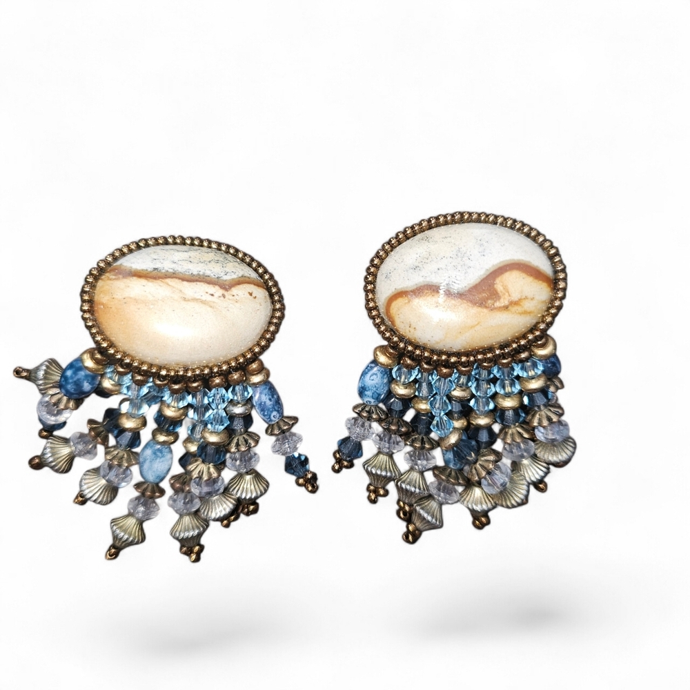 Western Style Earrings, Real Stone Center, Clip-on